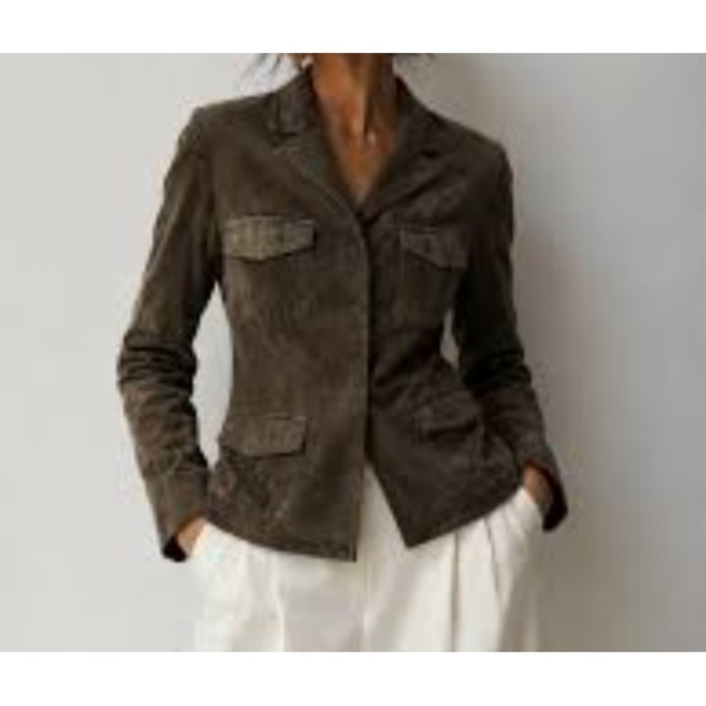 Ann Taylor Women's Brown Leather Blazer Jacket Sz 8 Hidden Button Front Career